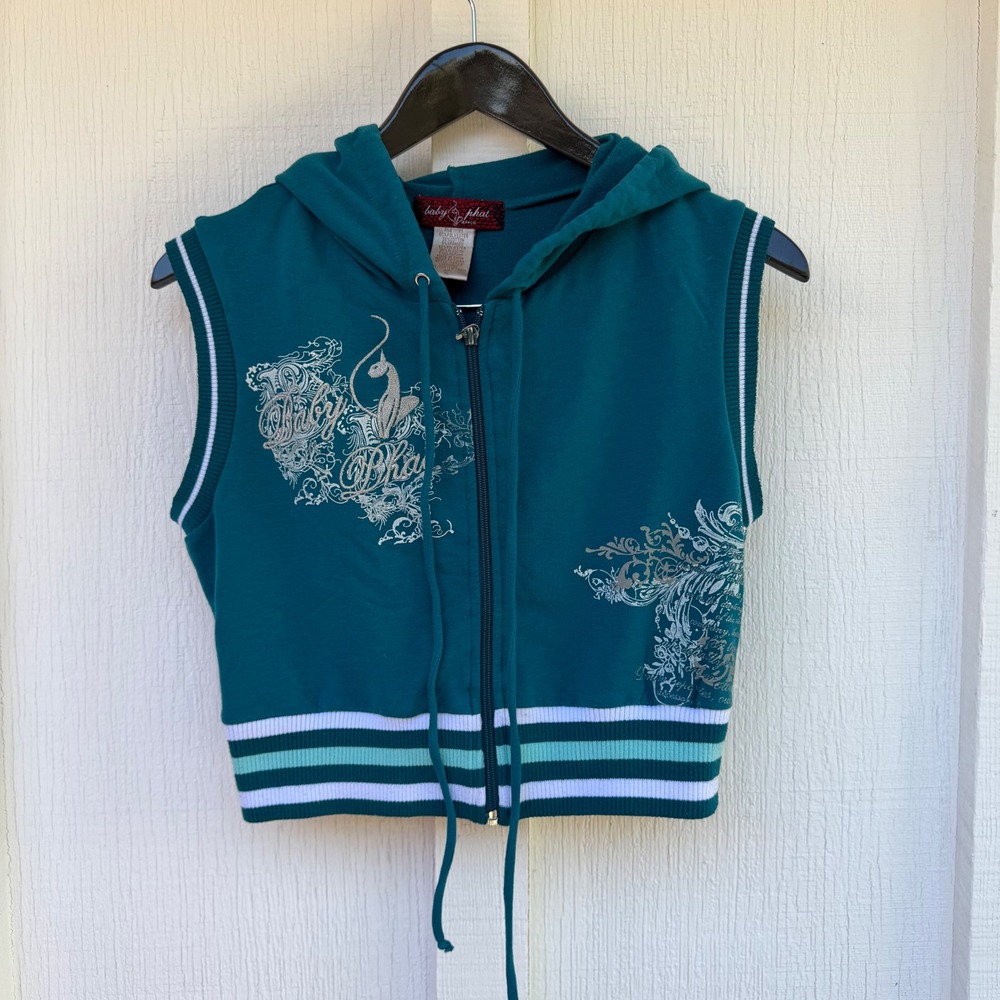 Vintage Baby Phat Sleeveless Hoodie Teal Silver Graphic Y2K Cropped Vest Zip Up